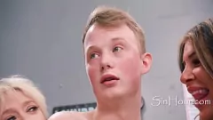 Play MILFs Run Train on Scrawny Teen in Chaotic Laundromat Orgy